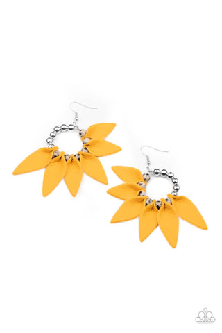  Flower Child Fever - Paparazzi - Yellow Leather Petal White Stone Earrings
