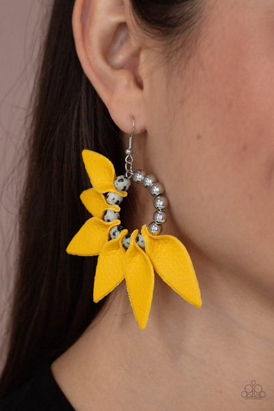  Flower Child Fever - Paparazzi - Yellow Leather Petal White Stone Earrings