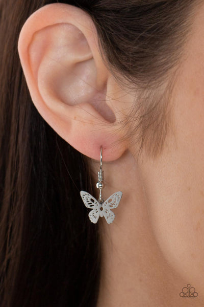 Flutter Love - Paparazzi - Multi Iridescent Rhinestone Silver Butterfly Dainty Necklace