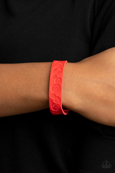 Follow The Wildflowers - Paparazzi - Red Leather Stamped Flower Snap Bracelet