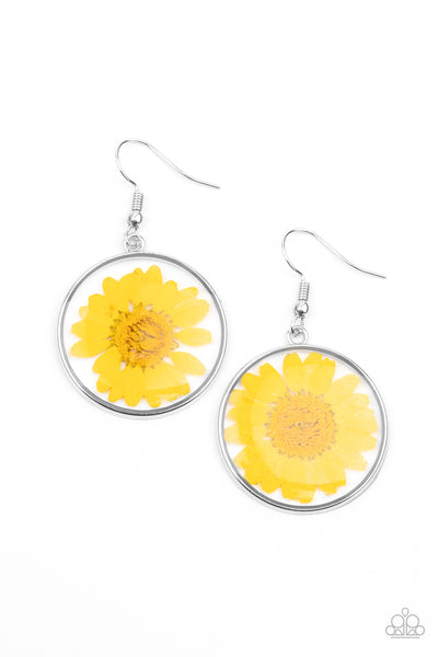 Forever Florals - Paparazzi - Yellow Pressed Flower Acrylic Circle Earrings