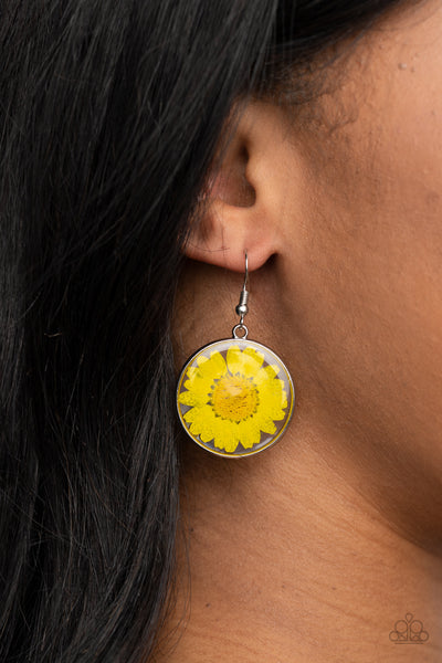 Forever Florals - Paparazzi - Yellow Pressed Flower Acrylic Circle Earrings