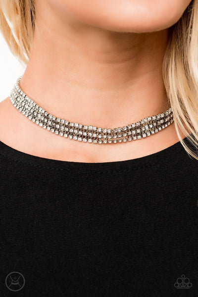 Full REIGN - Paparazzi - White Rhinestone Silver Box Chain Choker Necklace