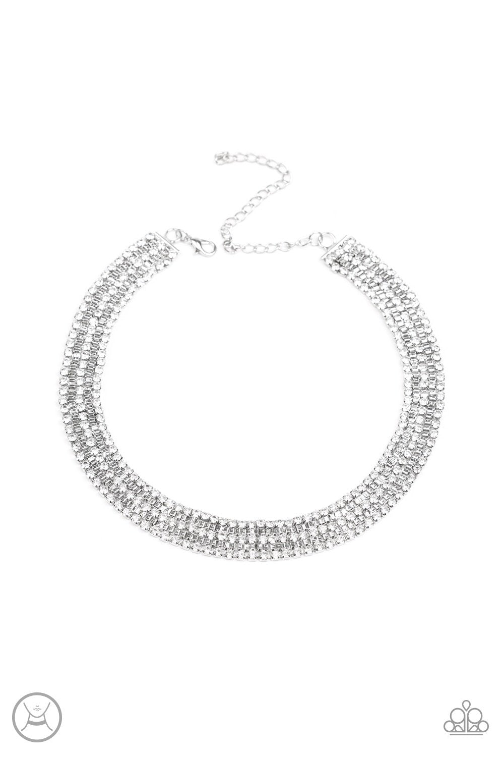 Full REIGN - Paparazzi - White Rhinestone Silver Box Chain Choker Necklace