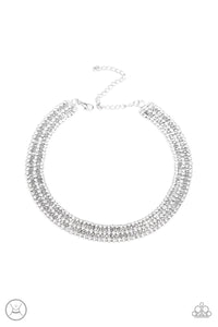 Full REIGN - Paparazzi - White Rhinestone Silver Box Chain Choker Necklace