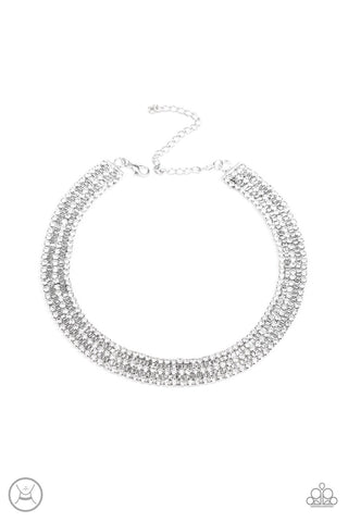 Full REIGN - Paparazzi - White Rhinestone Silver Box Chain Choker Necklace