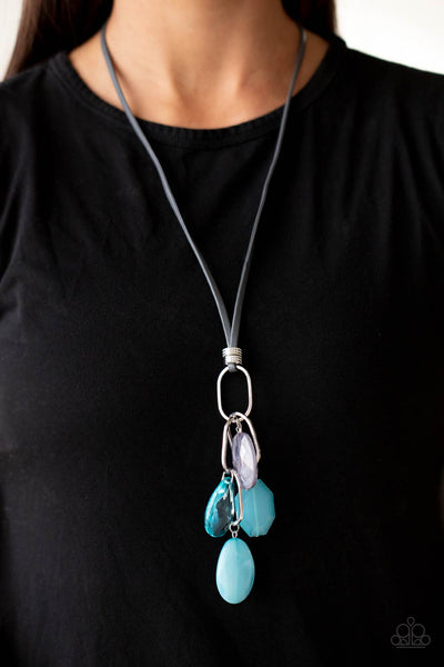 Fundamentally Flirtatious - Paparazzi - Blue and Gray Bead Cluster Gray Leather Cord Necklace