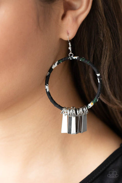 Garden Chimes - Paparazzi - Black Floral Fabric Circle Silver Fringe Earrings