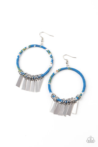 Garden Chimes - Paparazzi - Blue Floral Fabric Wrapped Hoop Silver Fringe Earrings