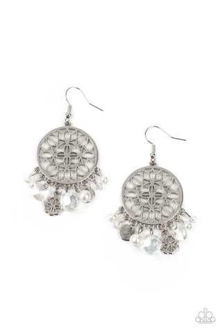 Garden Dreamcatcher - Paparazzi - White Pearl and Crystal Bead Silver Filigree Frame Earrings