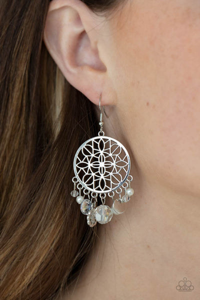 Garden Dreamcatcher - Paparazzi - White Pearl and Crystal Bead Silver Filigree Frame Earrings