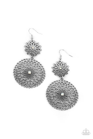 Garden Mantra - Paparazzi - White Opal Rhinestone Silver Stacked Floral Earrings