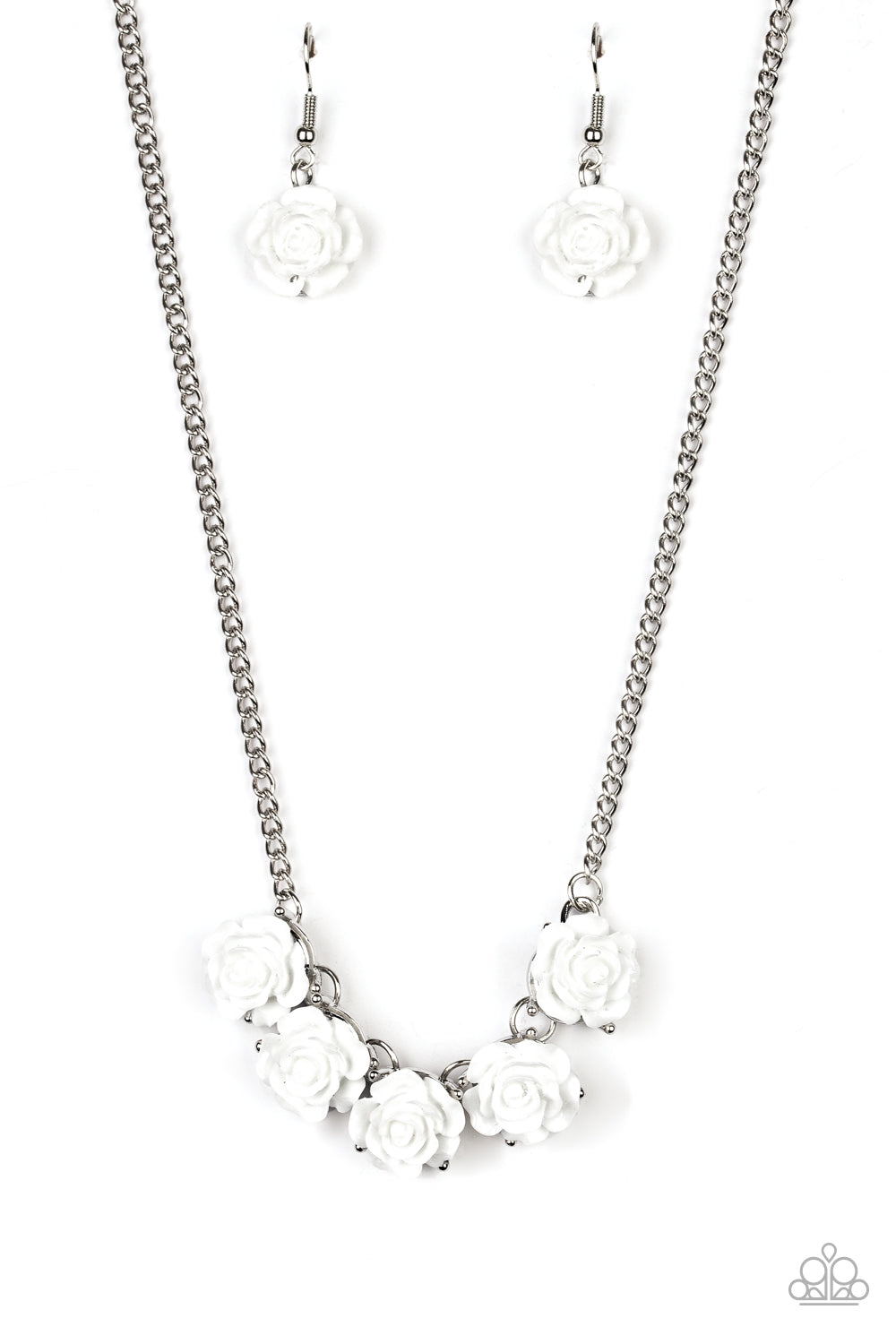 Garden Party Posh - Paparazzi - White Rose Silver Chain Necklace