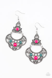 Garden State Glow - Paparazzi - Multi Green Pink Bead Silver Floral Frame Earrings