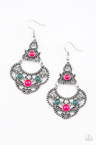 Garden State Glow - Paparazzi - Multi Green Pink Bead Silver Floral Frame Earrings