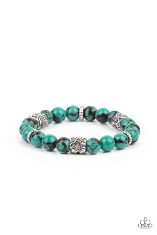 Garden Zen - Paparazzi - Green and Black Marbled Bead Silver Floral Accent Stretchy Bracelet