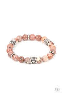 Garden Zen - Paparazzi - Pink Marbled Stone Silver Floral Accent Stretchy Bracelet