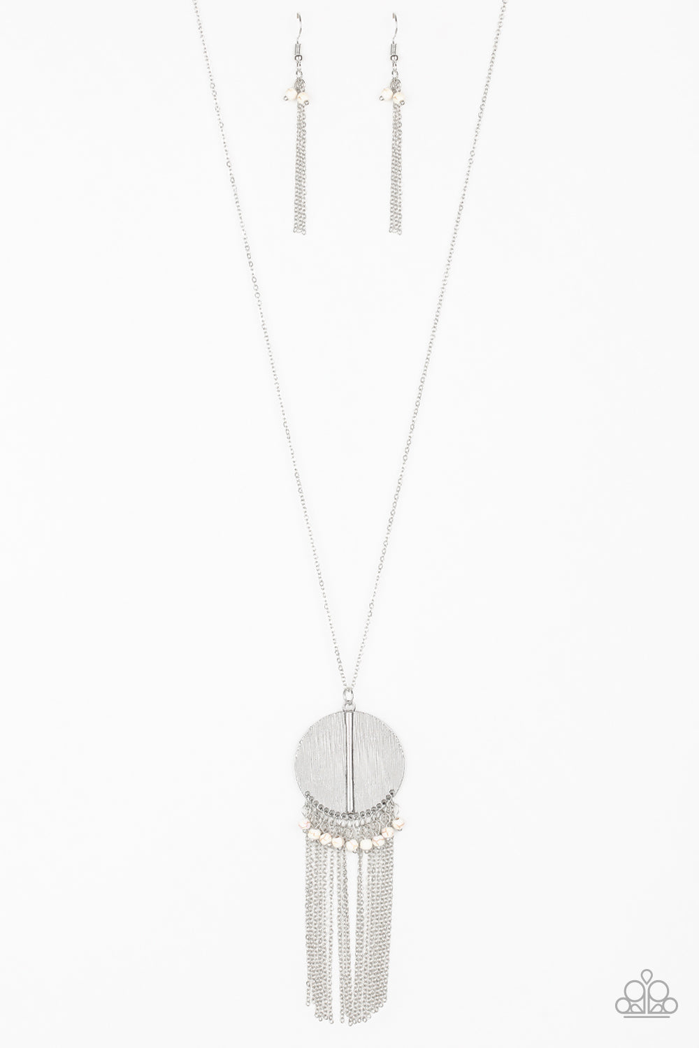 Get A ROAM! - Paparazzi - White Stone Bead Silver Circle Pendant Tassel Necklace