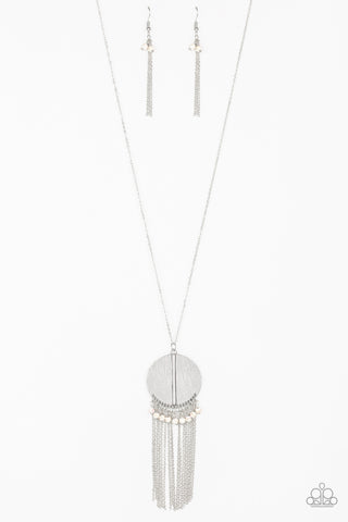 Get A ROAM! - Paparazzi - White Stone Bead Silver Circle Pendant Tassel Necklace