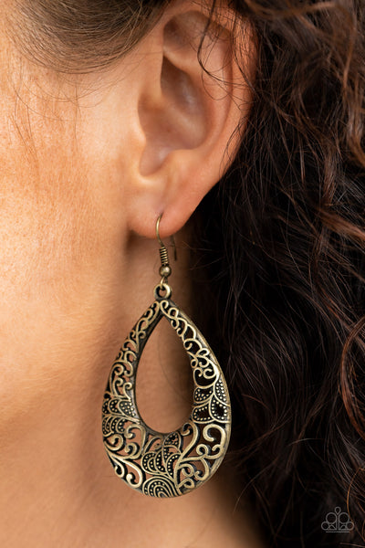 Get Into The GROVE - Paparazzi - Brass Filigree Teardrop Earrings