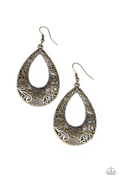 Get Into The GROVE - Paparazzi - Brass Filigree Teardrop Earrings