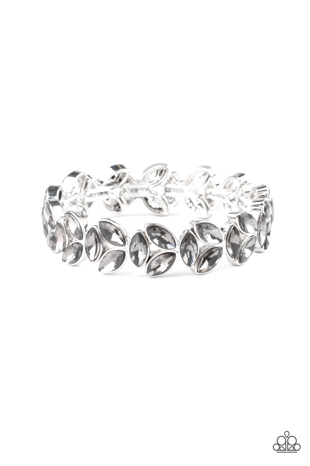 Gilded Gardens - Paparazzi - Silver Smoky Rhinestone Leaf Stretchy Bracelet