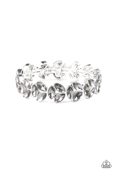 Gilded Gardens - Paparazzi - Silver Smoky Rhinestone Leaf Stretchy Bracelet