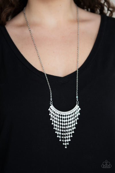 Glitter Bomb - Paparazzi - White Rhinestone Fringe Necklace