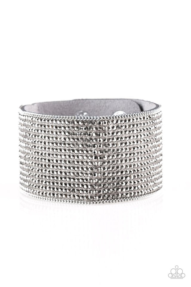 Glitter Gossip - Paparazzi - Silver Hematite Rhinestone Suede Snap Bracelet