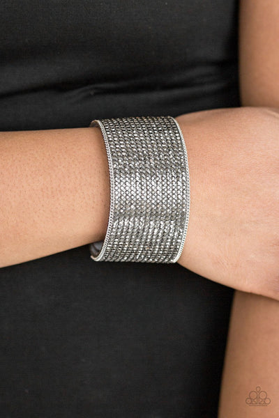 Glitter Gossip - Paparazzi - Silver Hematite Rhinestone Suede Snap Bracelet