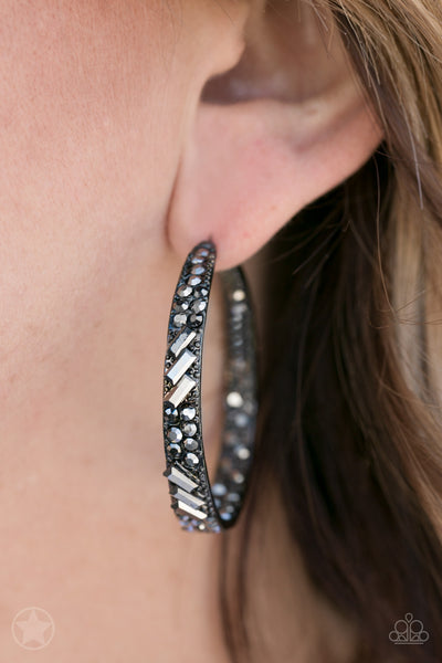 GLITZY By Association - Paparazzi - Black Gunmetal Hematite Rhinestone Hoop Earrings