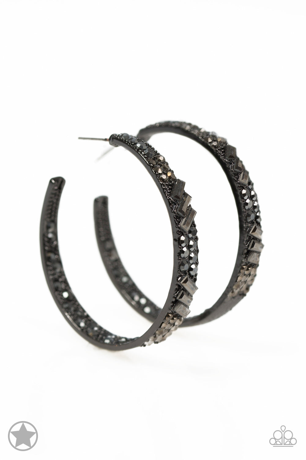 GLITZY By Association - Paparazzi - Black Gunmetal Hematite Rhinestone Hoop Earrings