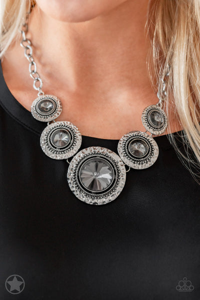 Global Glamour - Paparazzi - Silver Hammered Frame Smoky Gem Blockbuster Necklace