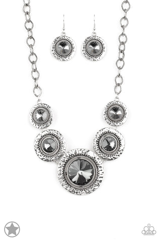 Global Glamour - Paparazzi - Silver Hammered Frame Smoky Gem Blockbuster Necklace