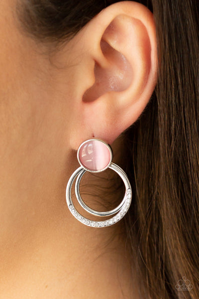 Glow Roll - Paparazzi - Pink Moonstone Cat's Eye Post Circle Rhinestone Earrings
