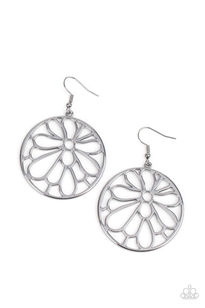 Glowing Glades - Paparazzi - Silver Stenciled Flower Earrings