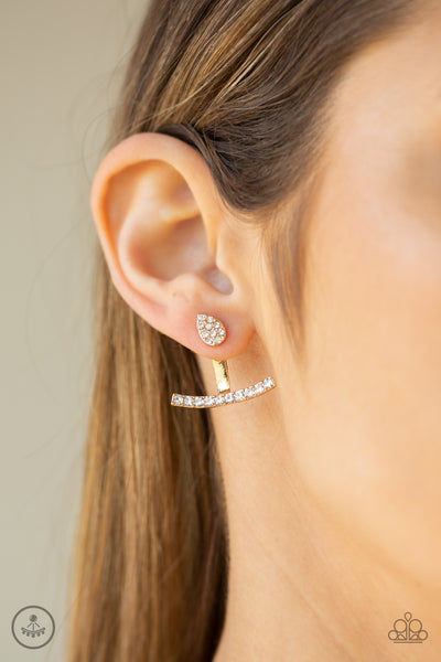 Glowing Glimmer - Paparazzi - Gold Bar White Rhinestone Post Jacket Earrings