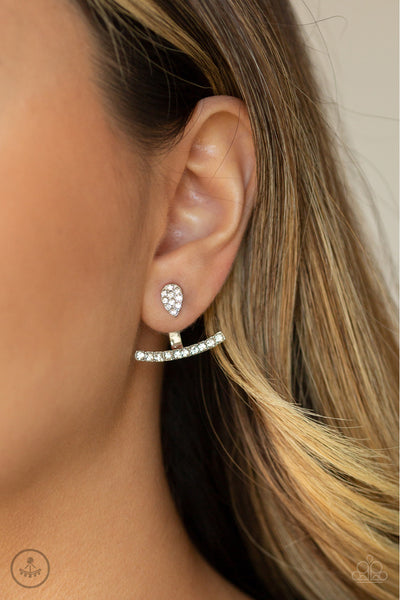 Glowing Glimmer - Paparazzi - White Rhinestone Silver Bar Jacket Earrings