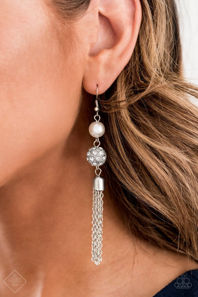 Going DIOR to DIOR - Paparazzi - White Pearl Rhinestone Bead Tassel Earrings