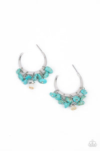 Gorgeously Grounding - Paparazzi - Blue Turquoise Stone Fringe Silver Hoop Earrings