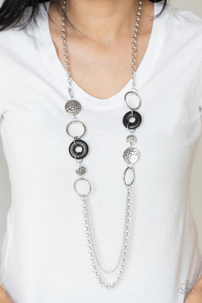 Grounded Glamour - Paparazzi - Black Stone Silver Hammered Disc Necklace  