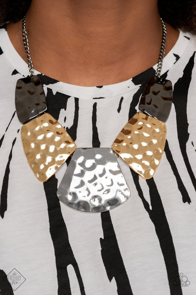 HAUTE Plates - Paparazzi - Multi Silver Gold and Gunmetal Hammered Plate Necklace