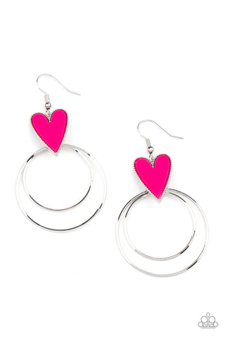 Happily Ever Hearts - Paparazzi - Pink Heart Silver Hoop Earrings