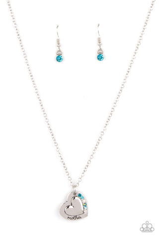 Happily Heartwarming - Paparazzi - Blue and Iridescent Rhinestone Heart Mother Necklace