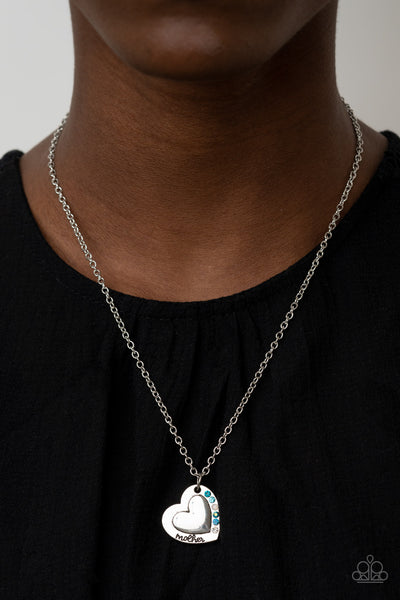 Happily Heartwarming - Paparazzi - Blue and Iridescent Rhinestone Heart Mother Necklace