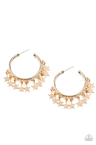 Happy Independence Day - Paparazzi - Gold Hoop Star Fringe Earrings
