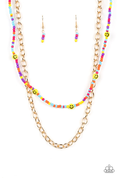 Happy Looks Good on You - Paparazzi - Multi Seed Bead Smiley Face Gold Chain 2022 Convention Exclusive Necklace