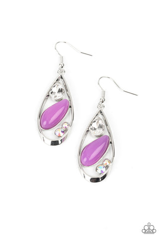 Harmonious Harbors - Paparazzi - Purple Bead Iridescent Rhinestone Silver Teardrop Earrings