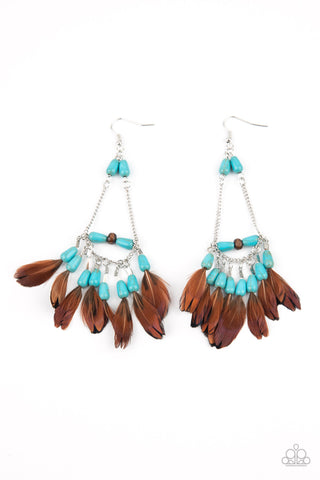 Haute Hawk - Paparazzi - Blue Turquoise Brown Feather Earrings