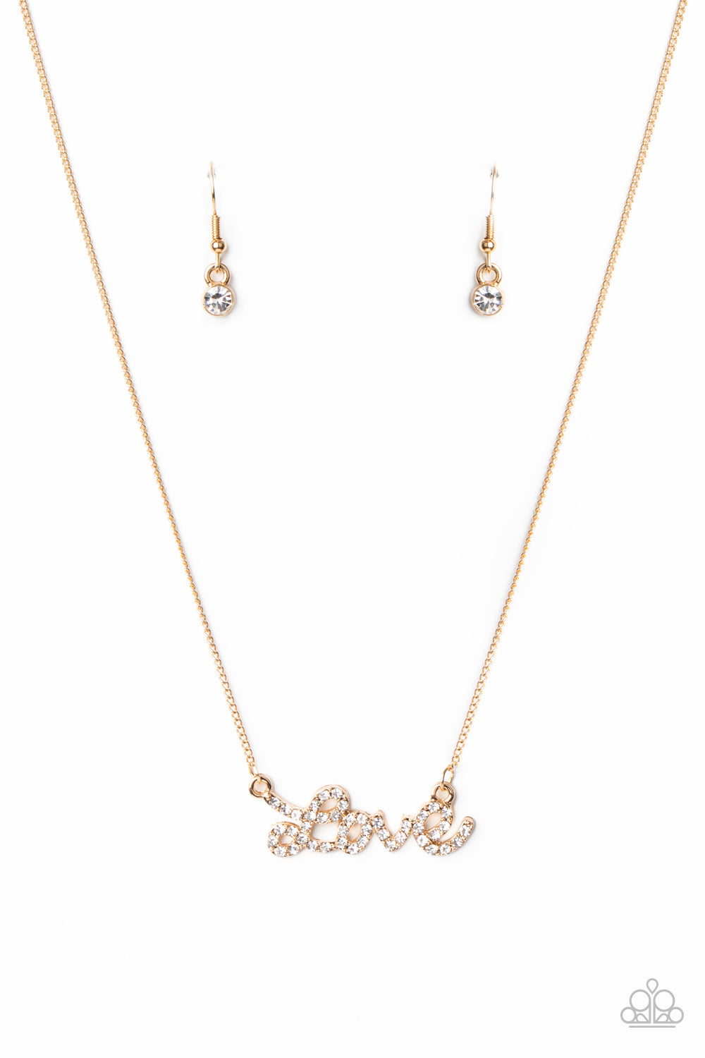 Head Over Heels In Love - Paparazzi - Gold "Love" White Rhinestone Pendant Necklace